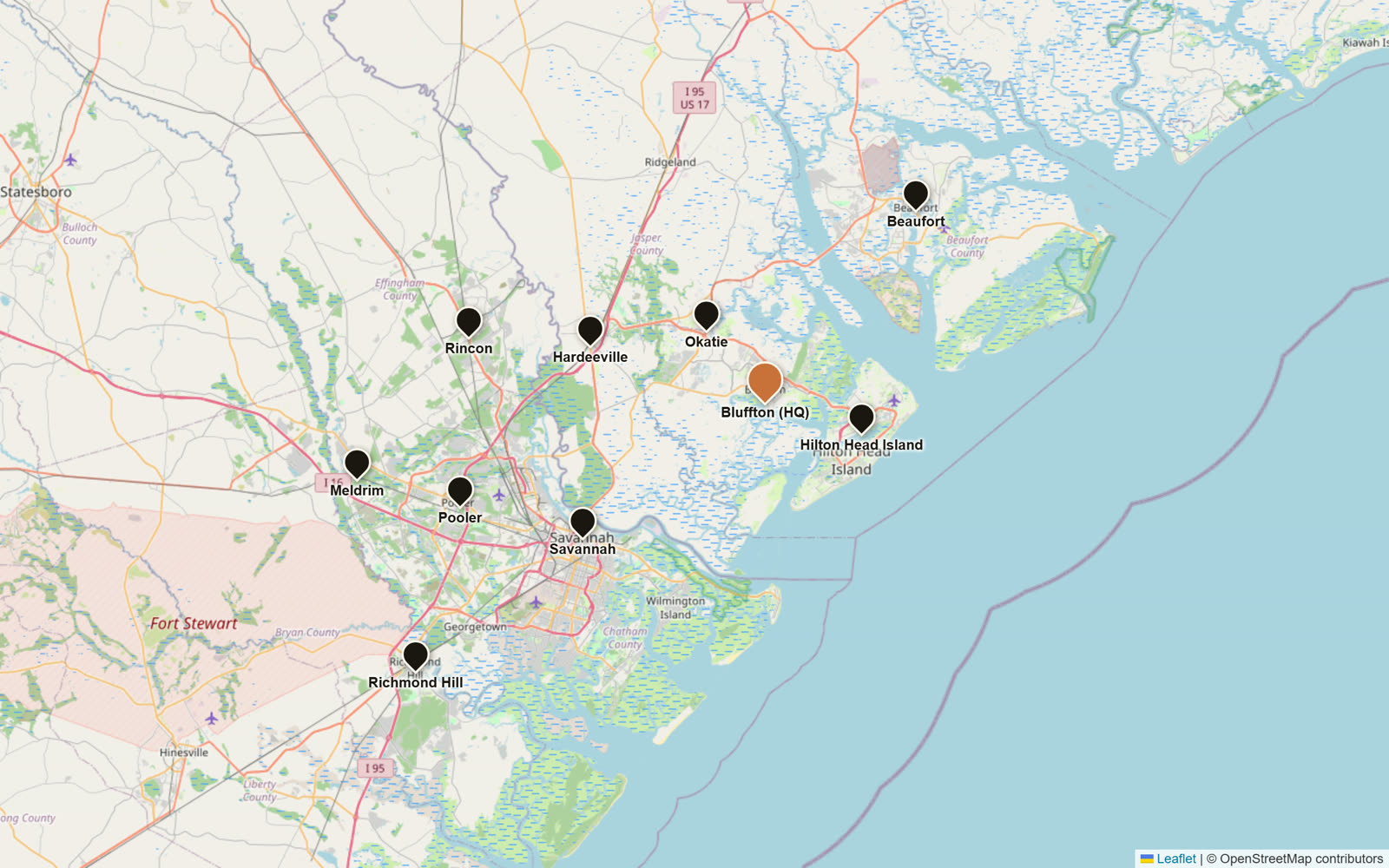 Map of the Ragsdale Roofing and Innovations service area across the South Carolina Lowcountry and Georgia Coastal Empire, with headquarters in Bluffton and pins on Hilton Head Island, Beaufort, Okatie, Hardeeville, Savannah, Pooler, Rincon, Richmond Hill, and Meldrim